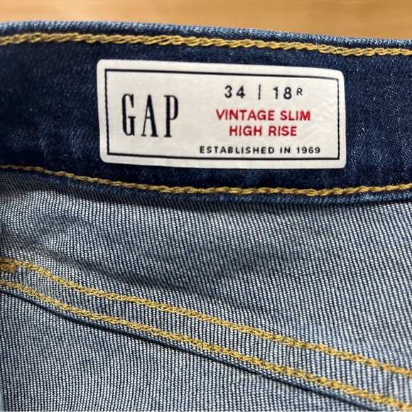 Gap Vintage Slim High Rise Jeans 34 18R Dark Indigo Stretch Denim Raw Hem - Picture 14 of 15